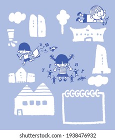 Illustrations or posters of children's drawing contests about cities, futures, and dreams.