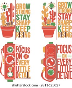 illustrations of potted cacti and cameras with text