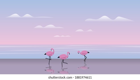 
Illustrations of pretty scenery. flamingos and beach with great weather. Beautiful background design