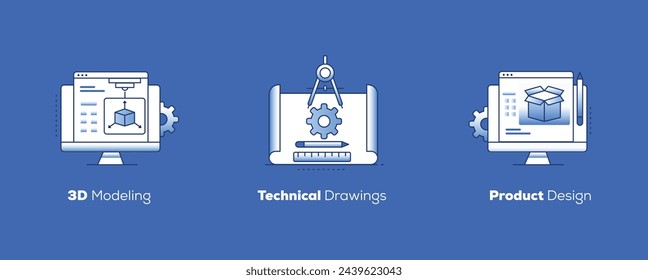 Illustrations for Product Design, Technical Drawings, and 3D Modeling. From Concept to Reality. Innovative Packaging, Detailed Drawings, and Rapid Prototyping Expertise. Gradient Style Illustration.