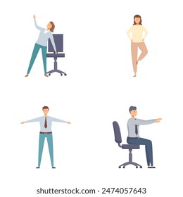 Illustrations of professionals in office attire stretching to promote wellbeing and ergonomics at the workplace