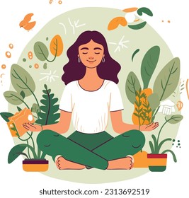 Illustrations Promoting Wellness, Mindfulness, and Self-Care. Happy woman feel confident, relax, accept and love herself. Selfcare and acceptance concept.