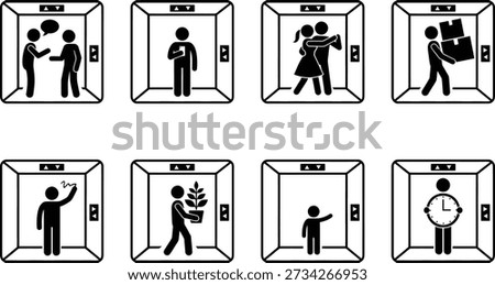 Illustrations of proper elevator etiquette and safety guidelines
