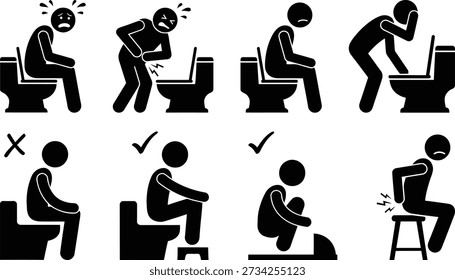 Illustrations of proper and improper toilet posture techniques for better health