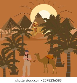 Illustrations pyramid in desert camel Ramadan Coconut Cleopatra cactus 