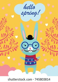 Illustrations of a Rabbit. Funny bunny boy in hat and scarf on tree background. Illustration for kids. Greeting card