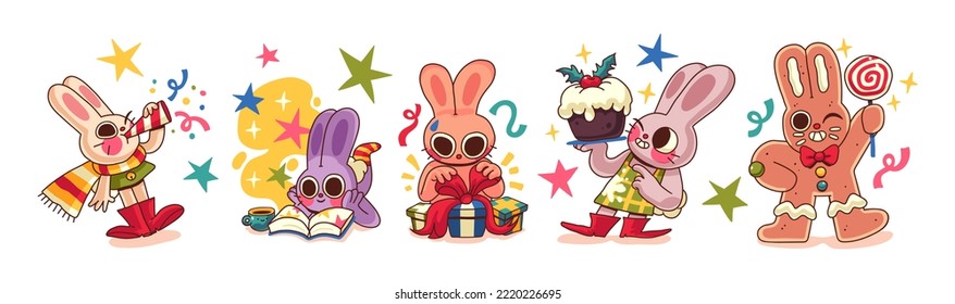 Illustrations of rabbits - symbol of the Chinese new year 2023. Rabbits Stickers with Christmas attributes. Can be used as holiday card design elements.