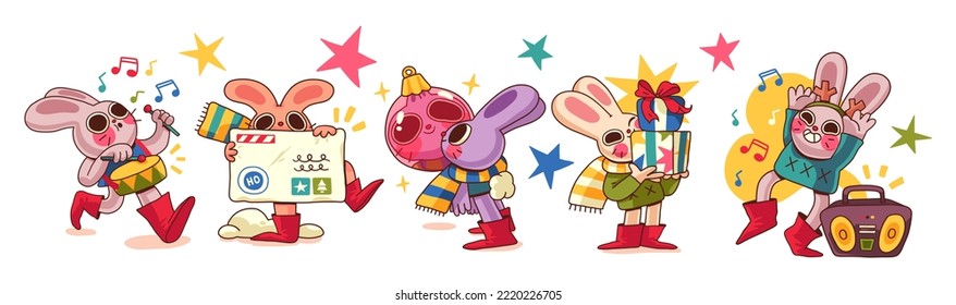 Illustrations of rabbits - symbol of the Chinese new year 2023. Rabbits Stickers with Christmas attributes. Can be used as holiday card design elements.