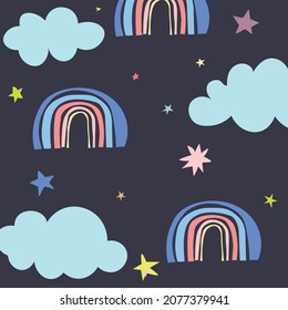 Illustrations with rainbows, clouds and stars on a blue background.