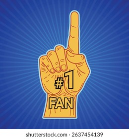  Illustrations of a raised hand with pointing finger showing #1 Fan text isolate against a bold blue sunburst backgrounds perfect for sports event, fan merchandise, poster and pop art-themed project