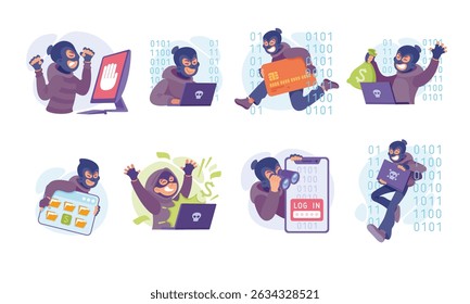 Ilustrações para conscientização sobre roubo digital e questões de segurança cibernética