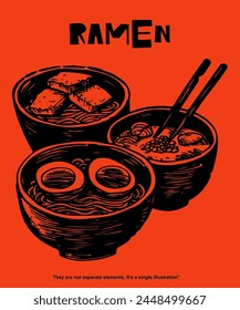  Illustrations of Ramen Bowls, Noodles, and Ingredients, Perfect for Food Lovers and Menus