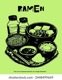  Illustrations of Ramen Bowls, Noodles, and Ingredients, Perfect for Food Lovers and Menus