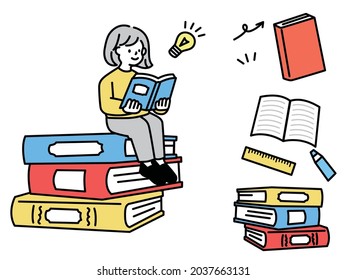 Illustrations of reading and studying. learning, growth, homework, students, flashes.