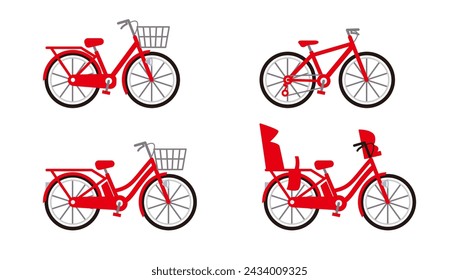 Illustrations of red bicycles. Vector set of city cycle and cross bike.Transportation for commuting to work or school. Rental bicycles.