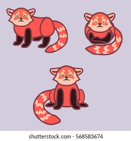 Illustrations of red panda on grey background. Set of cute red pandas.