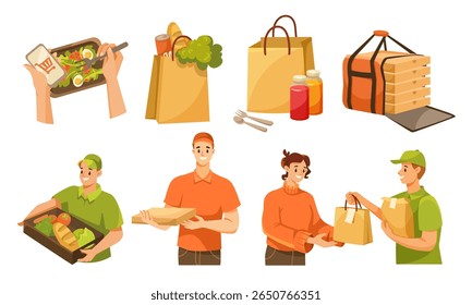 Ilustrações relacionadas à entrega de alimentos e compras de supermercado para capturar visualmente sua essência
