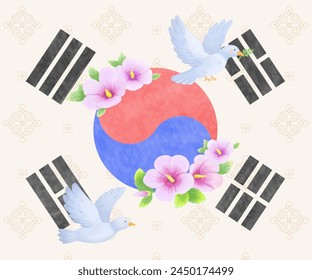 Illustrations related to Korean traditional national holidays. Taegeukgi, Rose of Sharon, Pigeon