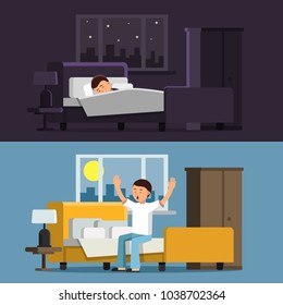 Illustrations of relaxed people. Sleeping man in bed in the night. Male in the morning. Man relax sleep in bedroom, night relaxation comfortable vector