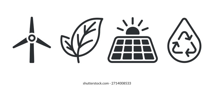 Se muestran Ilustraciones de fuentes de energía renovables, incluido el panel solar de hojas eólicas y los símbolos de gotas de reciclaje