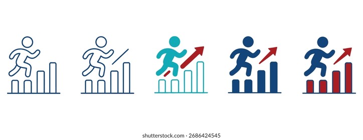 Illustrationen stellen Wachstum und Erfolg durch steigende Diagramme und eine symbolische Lauffigur dar, perfekt für Projekte, die Fortschritt, Erfolge und Aufwärtstrends in der Geschäftswelt visualisieren müssen.