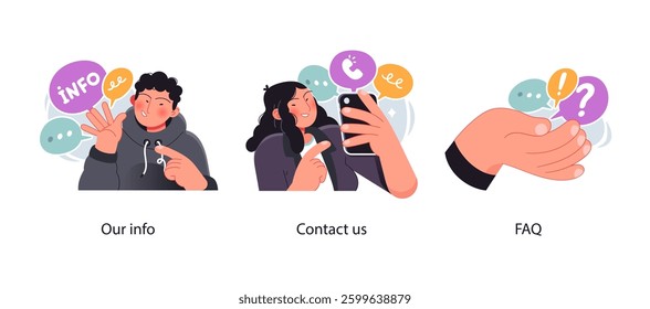 Illustrations representing customer support concepts: general information, contact options, and frequently asked questions. Visuals include communication icons, mobile support, and help desk services