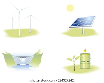 Illustrations representing the main Renewable energies, solar, wind, water and biomass
