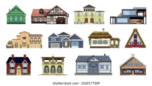 Ilustraciones de edificios residenciales de diferentes países. Casas de diferentes estilos arquitectónicos.