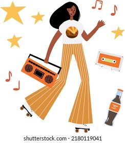 illustrations with retro black girls roller skates clipart, Compositions with retro items, record player, cassette, lemonade, ice cream, glasses clip art, Vector illustration in flat cartoon style.