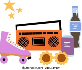 illustrations with retro black girls roller skates clipart, Compositions with retro items, record player, cassette, lemonade, ice cream, glasses clip art, Vector illustration in flat cartoon style.