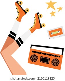 illustrations with retro black girls roller skates clipart, Compositions with retro items, record player, cassette, lemonade, ice cream, glasses clip art, Vector illustration in flat cartoon style.