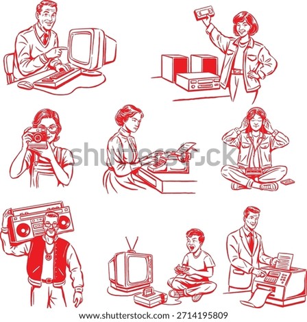 Illustrations of retro characters interacting with analog devices like boombox, VHS, floppy disk, typewriter, and rotary phone.