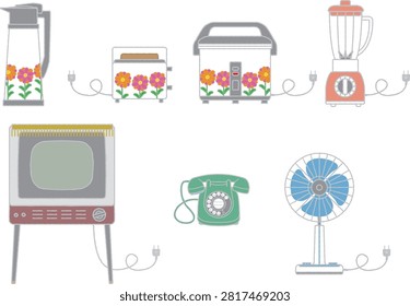 Illustrations of retro home appliances from Japan's Showa era.