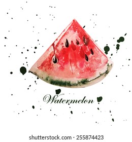 Illustrations with ripe watermelon on a white background. Watercolor. Vector.