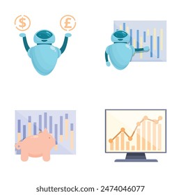 Ilustraciones de un robot que analiza finanzas con símbolos monetarios y gráficos económicos