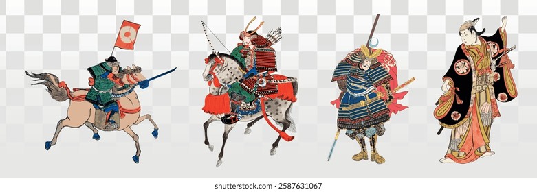 Illustrations of samurai in traditional armor, showcasing Japanese samurai culture, featuring warriors on horseback and in ornate attire, emphasizing samurai heritage. Asian illustrations, element set