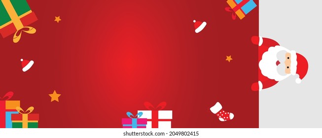 Illustrations of santa, a Christmas gift box, socks, stars, a santa hat. Christmas day banner design vector