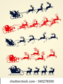 Illustrations of Santa's Sleigh silhouettes isolated on white background