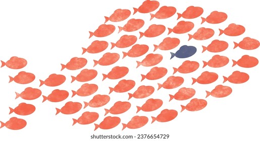 Illustrations, schools, and swarms of many small fish that look like big fish