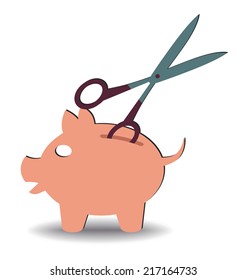 illustrations scissors going into a piggy bank