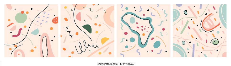 Illustrations with scribble elements and geometric shapes, painted in pastel colors. Set of picrures. Can be used for prints, textile, decoration, graphic design etc.