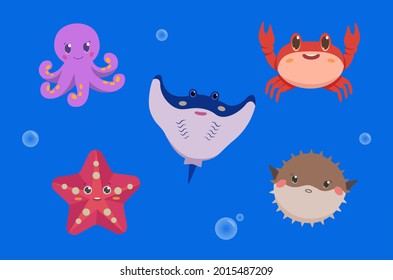 Illustrations of sea animals. Cartoon octopus, starfish, stingray, crab, puffer fish. Vector.