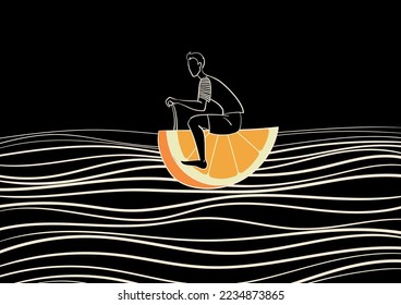 Illustrations with sea sports and an athlete using different Fruits as his equipment