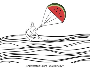 Illustrations with sea sports and an athlete using different Fruits as his equipment