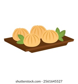 Illustrations of seafood dishes, sushi, fish and dumplings on wooden trays. Asian or Chinese food