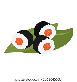 Illustrations of seafood dishes, sushi, fish and dumplings on wooden trays. Asian or Chinese food