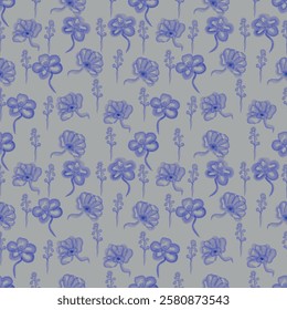Illustrations of a seamless pattern in watercolor style with repeating blue flowers and plants.