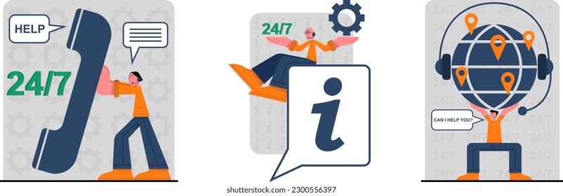 Illustrations set of 24 hour online customer support by phone around world, hotline operators, customer service. Cartoon flat style vector on white background