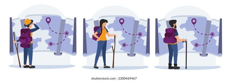 Illustrations set of active recreation. Faceless hikers look at hiking route on map with backpacks. Group of tourists walking and trekking. Flat style vector on white background