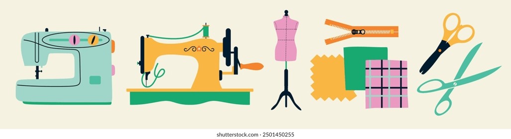 Illustrations set banners of sewing tools icons tailor hand made workshop